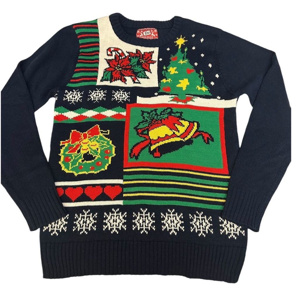JEM Crewneck Long‎ Sleeve Ugly Christmas Sweater Women's Sz M Navy Blue